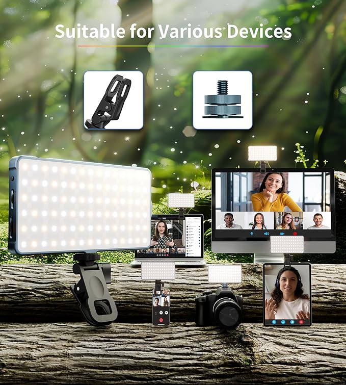 Selfie Camera Phone Light with Metal Hotshoe & Clip, CRI 96+ 2500K-9900K Rechargeable RGB Video Light for Laptops, Cameras, Selfie, Video Conference, TikTok Live Streaming, Filming