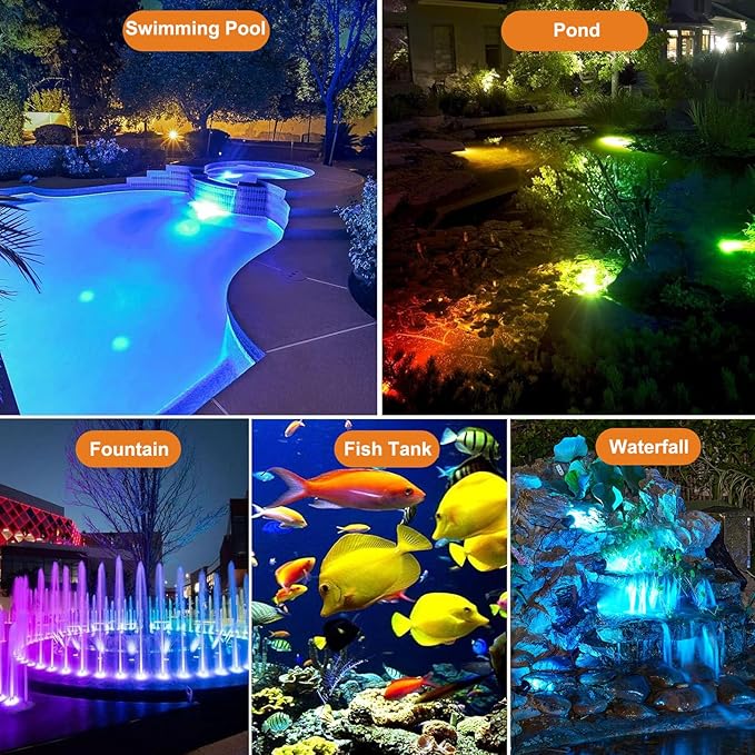 RGB Color Changing LED Underwater Lights with 2 Modes, Solar Submersible Fountain Lights IP68 Waterproof, Landscape SpotLights for Pond Waterfall Fountain Pool (3 in 1)