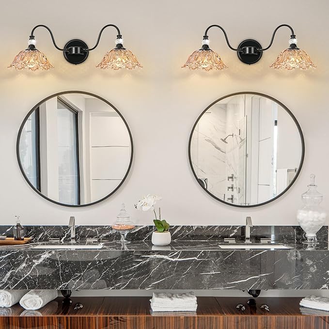 Black Bathroom Vanity Light, 2-Light Vanity Light with Floral Amber Glass Shades,Vintage Farmhouse Wall Mount Lighting for Bathroom, Dressing Table