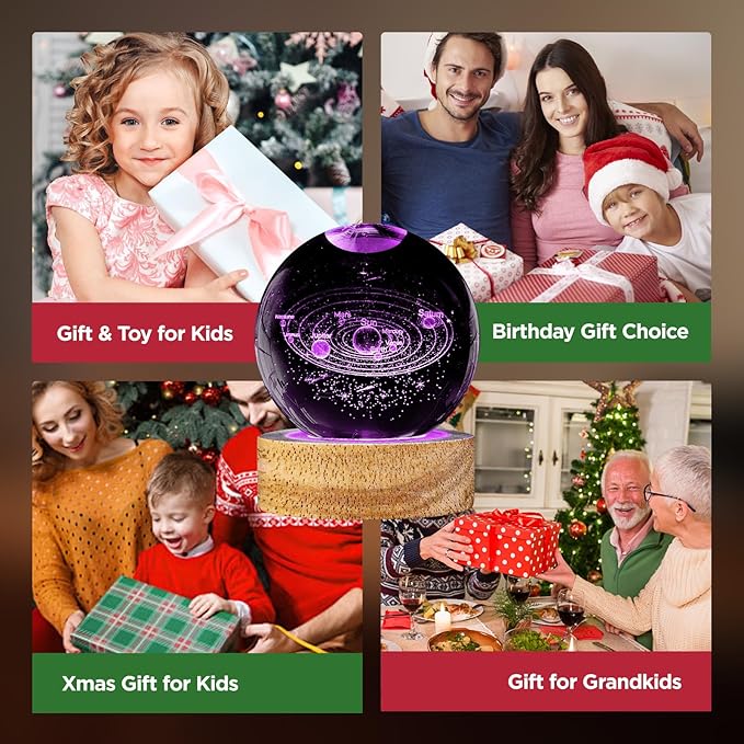3D Solar System Crystal Ball Night Light with 16 Color, Unique 60mm Galaxy Planets Glass Ball Lamps with Remote Cool Birthday Christmas Decor Astronomy Space Gifts for Boys Girls Friends