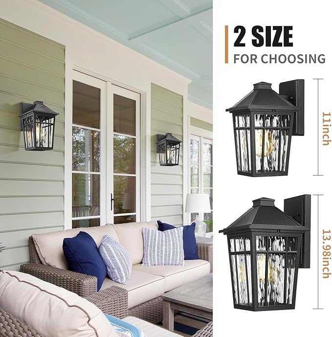 Darkaway Outdoor Wall Lights for House, 2pcs Exterior Lighting Fixtures Wall Mount Porch Lights Waterproof Outdoor Sconce Lights with Water Ripple Glass for Patio Hallway Garage