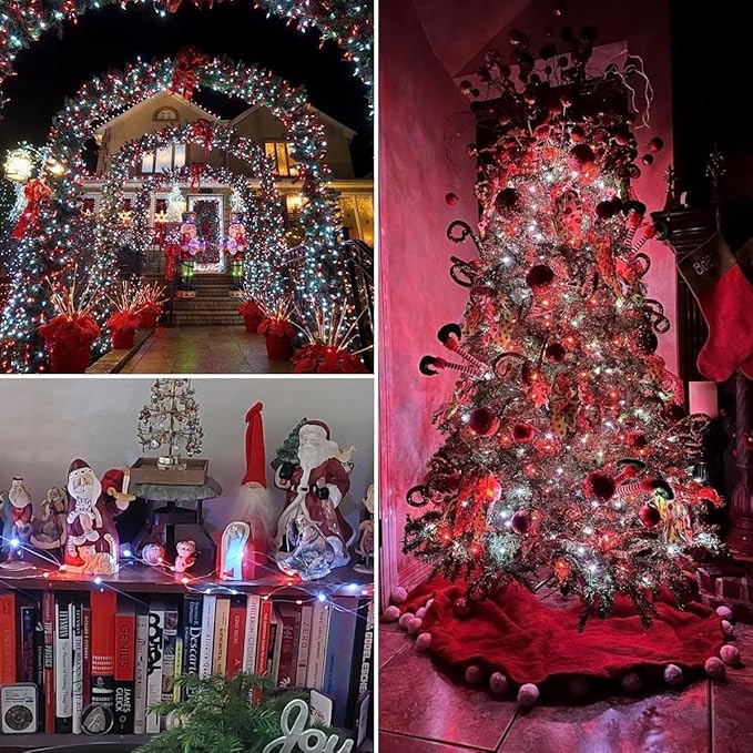 QITONG 4 Pack Red and White Solar Fairy Lights, Each 33ft 100 LED Christmas String Lights Outdoor Waterproof, 8 Modes Silver Wire Twinkle Lights