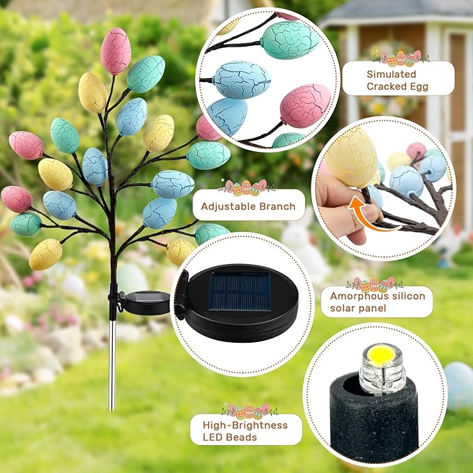 2 Pack Solar Easter Egg Lights Outdoor, 40 LED Waterproof Solar Easter Yard Decorations Outdoor Easters Yard Stakes Lights with 2 Lighting Modes for Outside Lawn Walkway Patio Cemetery Grave