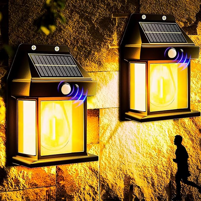 2-Pack 6.8" H Outdoor Solar Wall Light Motion Sensor Porch Flood Dawn Lighting 3 Lights Modes for Patio Garage Shed Barn Door Yard Outside Decorative Waterproot,- Black.