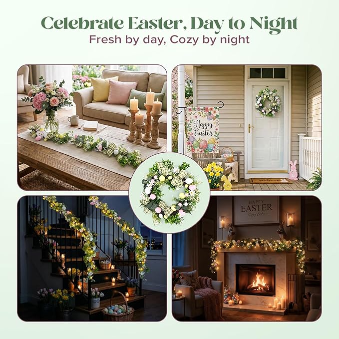 6ft Easter Garland Decorations, 2-in-1 Easter Garland-to-Wreath for Mantel, Fireplace with 18 Pastel Eggs, LED Lights and Storage Bag, Easter Decor for Front Door, Window, Table, Entryway