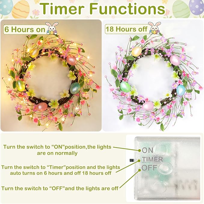 Timer - 20 Inch Easter Wreaths for Front Door Easter Decorations, Easter Wreath with 20 LED Lights Colorful Eggs Flowers Leaves Berried Spring Wreath Decor for Home Holiday Farmhouse Indoor Outdoor