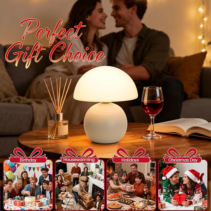 Cute Small Mushroom Lamp Decor,USB-Plug in Bedside Table Lamps with 3-Temperature LED Bulb Dimmable,Modern Aesthetic Home Decor for Livingroom/Bedroom/Dorm/Nursery (White with Plug)