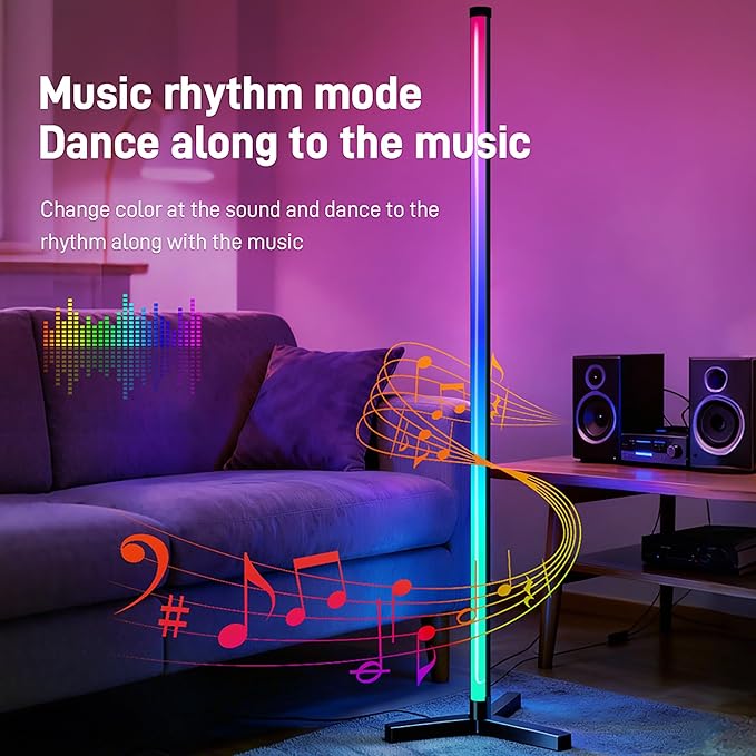 RGB LED Corner Floor Lamp, 16 Million Colors with Music Sync & Remote Control, Dimmable Foldable Minimalist Floor Lamp for Gaming Room, Living Room, Bedroom, Christmas Party Decor