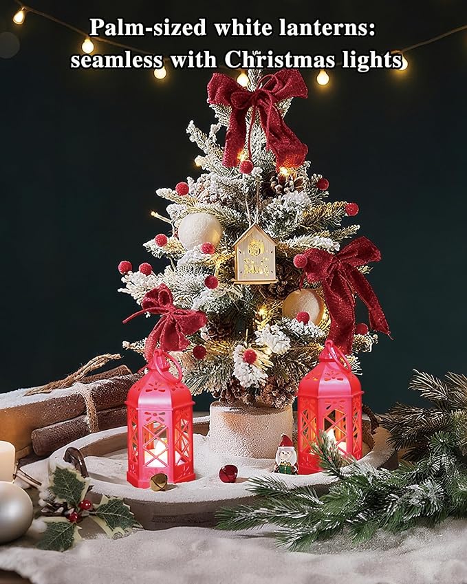 8-Pack Mini Lanterns for Ramadan, Christmas, Small Decorative Lanterns with Flickering LED Candle for Enchanted Forest Wedding, Moroccan Lantern for Table Centerpiece, Medieval Decor, Red