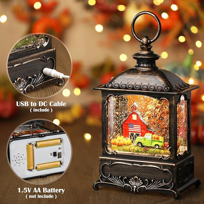 Fall Snow Globe Lantern Fall Decorations for Home Thanksgiving Autumn Harvest Fall Decor Swirling Glitter Snow Globes Barn Truck Pumpkin Farm Timer Music