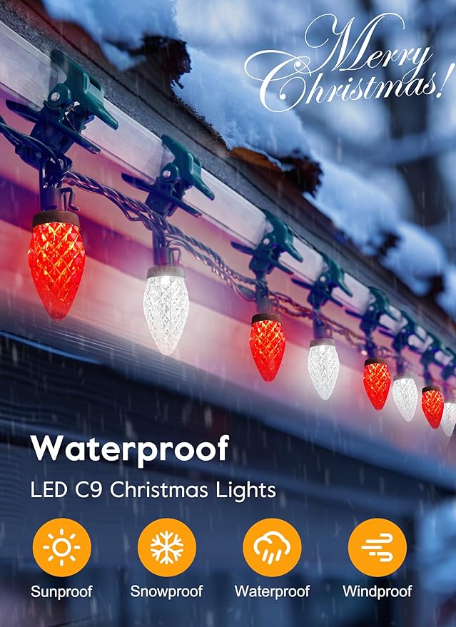C9 LED Christmas Lights Outdoor, 99 Feet 150 LED C9 String Lights with 150 Spring Clips, Waterproof Connectable Christmas Tree Lights for Outside Roofline Patio Home Xmas Decor, Red & Pure White