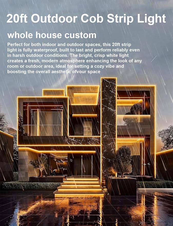 20FT COB LED Strip Lights Outdoor IP67 Waterproof,6M, Flexible DC 24V, Remote & App Control, Dimmable, Warm White 3000K Led Tap Lighting For Garden Patio ,Kitchen Living Room Bedroom DIY Decor