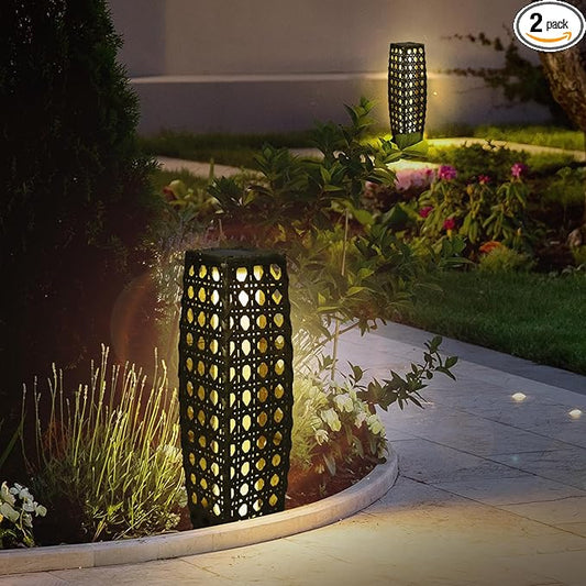 Solar Powered Outdoor Floor, 2 Piece Solar Outdoor Floor Lamps Lanterns Waterproof, Resin Wicker Weather-Resistant Rattan Deck Light for Patio, Lawn, Porch, Garden