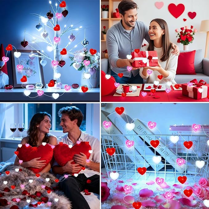 ZGWJ Valentines LED Fairy Lights, 2 Pack 50LED 16FT Red-White-Pink Heart String Lights Battery Operated,Waterproof Valentines Lights for Wedding Party,Mother's Day Indoor Outdoor Decoration