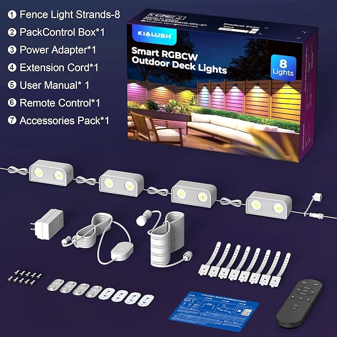 Outdoor Deck Lights, 8 Lights Smart Fence Lights Compatible with Alexa & Google Home, IP65 LED Patio Deck Lighting with Remote, Fence Lighting Music Sync for Patio Yard Garden(52.4ft)