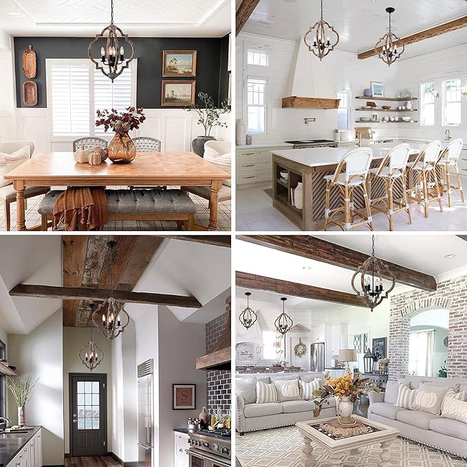 16.14" 4-Light Farmhouse Wood Chandelier, Rustic Orb Pendant Lighting Fixture with Adjustable Chain, Vintage Ceiling Hanging Lights for Foyer Entryway Dining Room Kitchen Island, Handmade Oak Finish