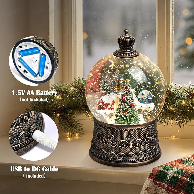 Christmas Snow Globes Village Snow Globe Lantern, Lighted Christmas Decorations Indoor for Home with Music Timer Glitter, Mountain Church, Musical Festival Gifts, USB & Battery Operated