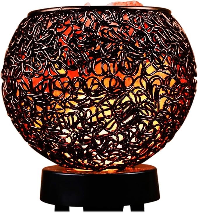 Plemo Natural Himalayan Salt Lamp with Genuine Wood Base in Classic Round Metal Basket with Dimmable Cord and Luxury Gift Box