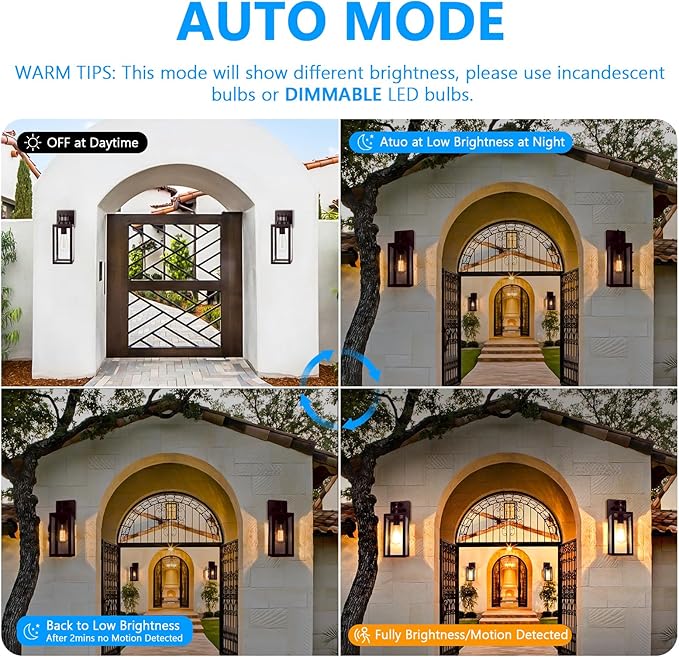 2-Pack Motion Sensor Outdoor Wall Lights, Dusk to Dawn Exterior Wall Sconces Lanterns with Seeded Glass, Waterproof Porch Light Fixtures Outside Lights for House Front Door Entryway Garage, Brown