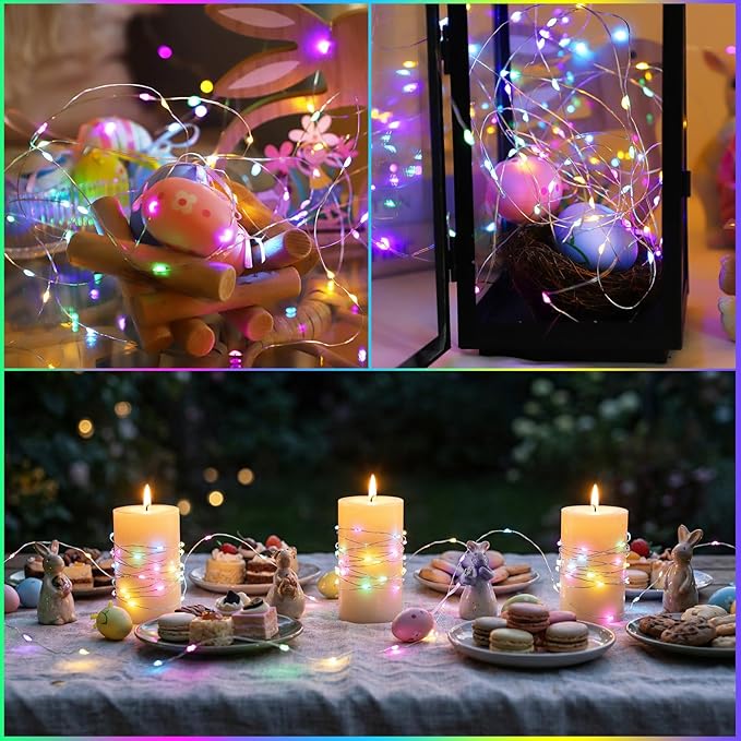 YAOZHOU Easter Decorations Pastel Fairy String Lights Indoor, Battery Operated Powered with Timer, 2 Pack Total 33FT 100 Led Mini Mason Jar Waterproof Firefly Lights for Garland DIY Party