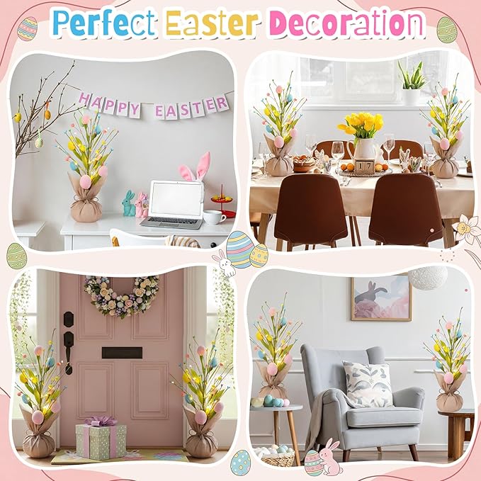 2 Pack 18 Inch Pre-lit Floral Easter Egg Tree Tabletop Decor, Detachable Battery Powered LED String Lights, Spring Centerpiece for Indoor Home Mantel Table Easter Party