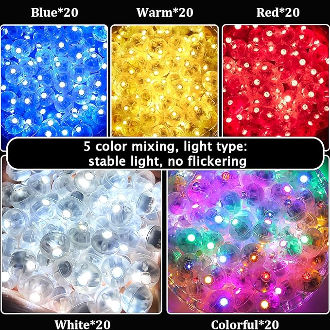 100Pcs Balloon Lights with Lanyard, 5 Mix Colors Balloons Light for Party Paper Lantern Decorations, Easter Eggs Birthday Wedding Halloween Christmas Decoration - Mix Color