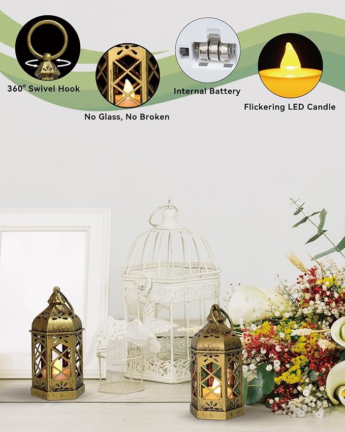 8-Pack Mini Lanterns with Flickering LED Candles for Ramadan, Small Decorative Hanging Lanterns for Halloween, Christmas, Wedding, Gold Lantern for Table Centerpiece, Garden Party Decor