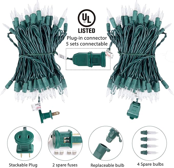 Minetom Clear Christmas Lights 200 Count 50 Feet Bulb Mini Lights, Waterproof String Light for Indoor Xmas Tree Garland Birthday Wedding Decoration, Green Wire