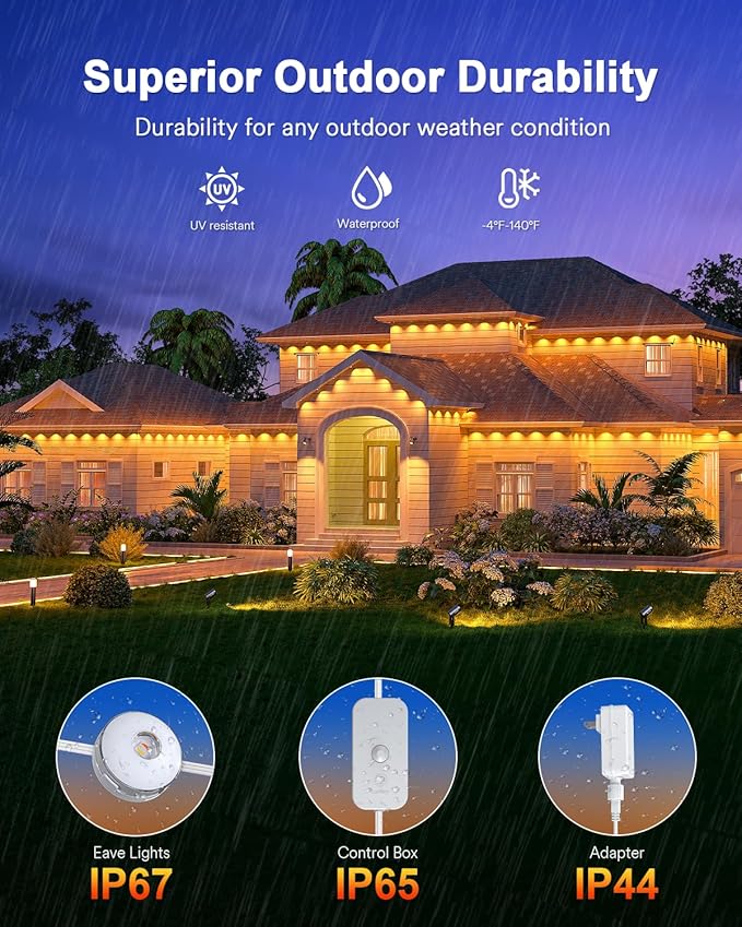 Lumary Permanent Outdoor Lights Max 53ft with 40 LED Eave Lights RGBAICW 2400LM, IP67 Waterproof, IC Control and Scene Modes for Halloween Christmas Decoration, Works with Alexa and Google Assistant