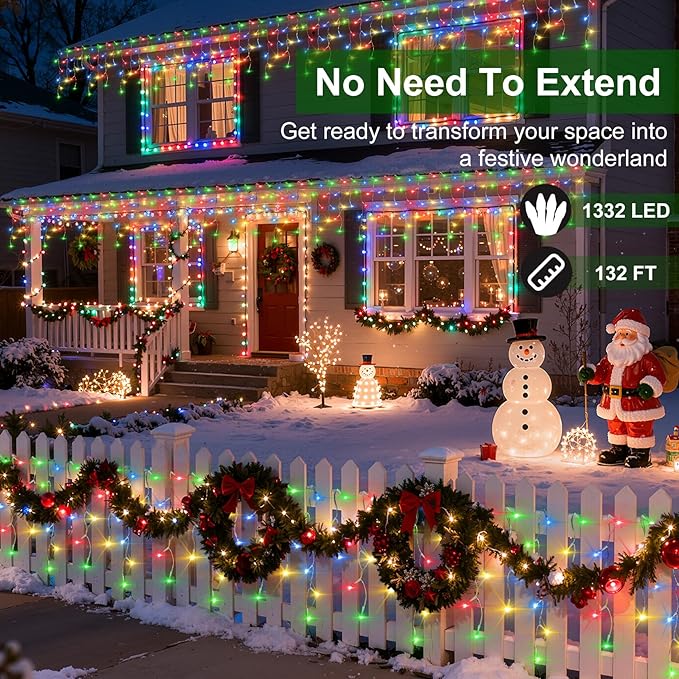 1332 LED Christmas Lights with 296 Drops,132ft 12 Modes Hanging ice String Lights with Timer & Dimmable & Waterproof, Plug-in Fairy Lights for Tree Holiday Wedding Party Christmas Decor Multicolor