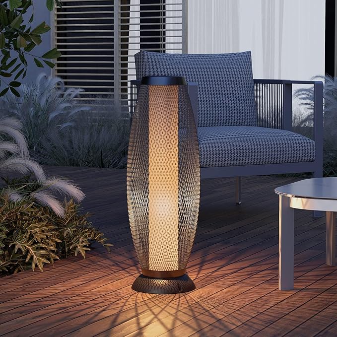 Solar Yard Solar Outdoor Floor Lamp, Metal Wire Shade, LED Modern Outdoor Flickering Lantern, Weather Resistant for Balcony, Porch, Garden, Pathway, Black