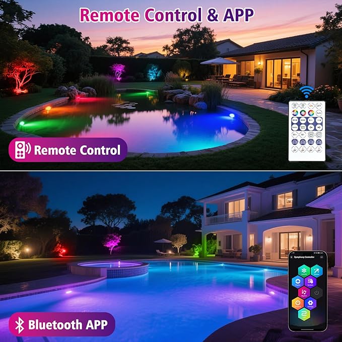 T-SUN Color Changing Pond Lights LED Underwater Fountain Lights with Bluetooth APP Control, IP68 Waterproof Submersible Spotlight for Aquariums, Fish Tanks, Pools, Garden and Yard Ponds (Set of 4)