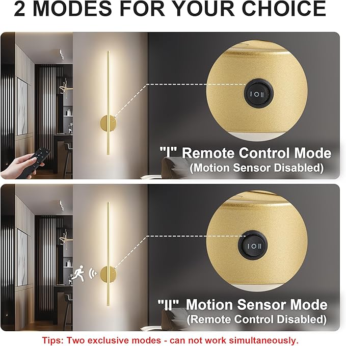 Motion Sensor Battery Operated Wall Sconce Set of Two - Modern Rechargeable Wireless Wall Lights with Remote Control, Dimmable, 3000K/4000K/6000K, Timer for Living Room, Hallway,23.6 Inch, Gold