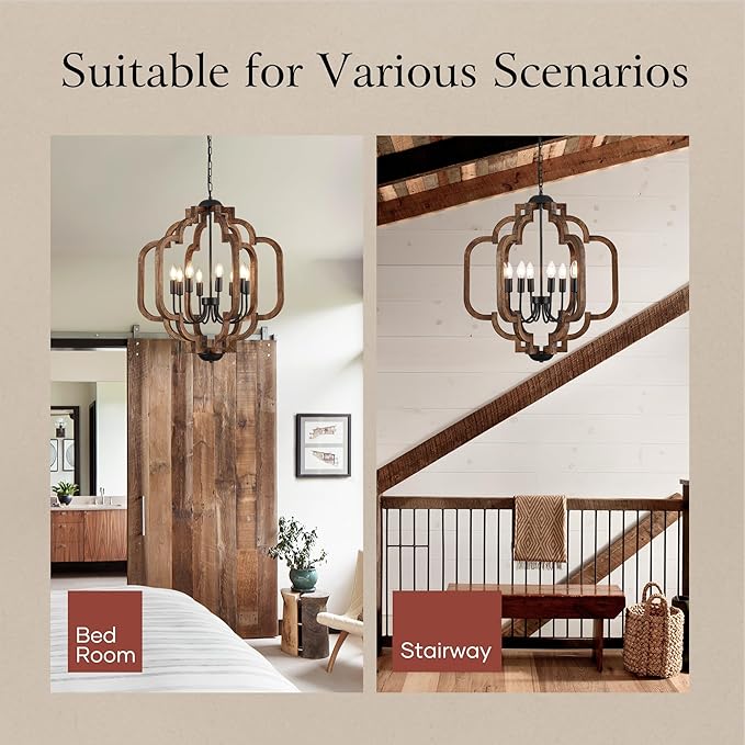 24.6" Farmhouse Vintage Chandelier 8-Light for Dining Room Rustic Handmade Wood Hanging Ceiling Pendant Light Fixture for Entryway Brown Retro Chandeliers for Kitchen Bedroom Foyer Hallway