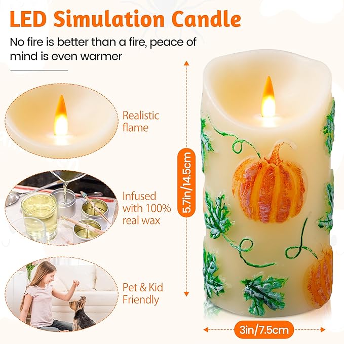 Halloween Pumpkin Flameless LED Candle - Realistic Flickering Flame - Battery Making Candle with Remote Control Timer - Real Wax - Unscented - Home - Holiday Decoration (3"x6")
