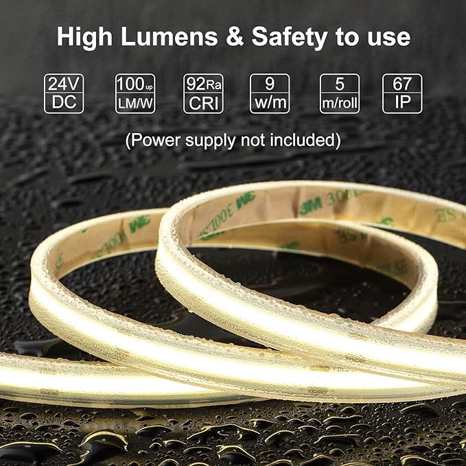 COB LED Strip Lights Waterproof IP67 DC24v Natural White 4000K 16.4ft/5m High CRI 92Ra+ Outdoor LED Tape Lighting DIY Cuttable for Bedroom Kitchen Cabinet Shelf (Power Supply Not Included)