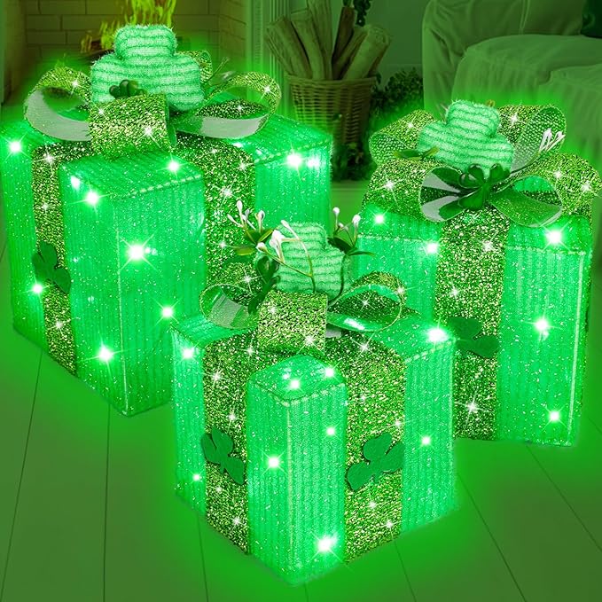 Timer & 8 Mode 3 Pack St Patricks Day Decorations Lighted Gift Boxes with 3D Shamrocks 60 LED Glitter Tinsel St Patrick's Day Decor Battery Operated Light Up Clover Present for Outdoor Home Room Decor