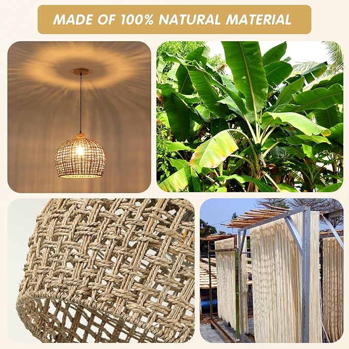 Rattan Pendant Lights Kitchen Island, 16" Wicker Hand-Woven Light Fixture Coastal Lighting Hanging Ceiling Boho Large Chandelier for Restaurants Living Dining Room Farmhouse