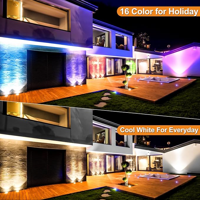 RGBW Low Voltage Landscape Lights, 16 Color Changing Outdoor In-Ground Lights IP67 Waterproof 12V-24V Landscape Spotlightst for Garden Yard Pathway Christmas(8 Pack)