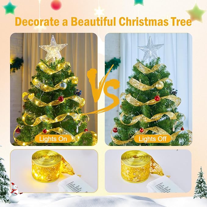 Minetom Christmas Tree Ribbon String Lights - 33ft 100 LED Battery Powered Fairy Lights with Timer