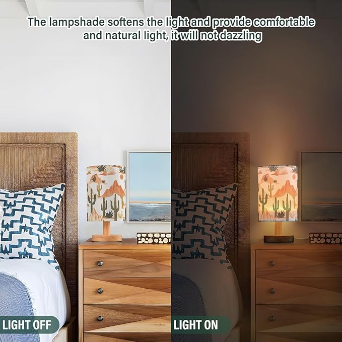 Bedside Table Lamp Western Desert Cactus Mountains Nightstand Lamp with Wood Desk Lamps for Bedroom Living Room Nursery Office Home Decor