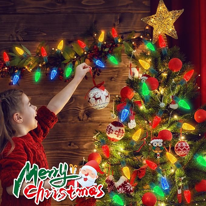 2 Pack 100LED C6 Christmas Lights Battery Operated, 16.4FT C6 Christmas Lights Battery Powered with Timer, 8 Modes, Waterproof for Outdoor Garden Patio Indoor Xmas Tree Bedroom Party, Multi-Color