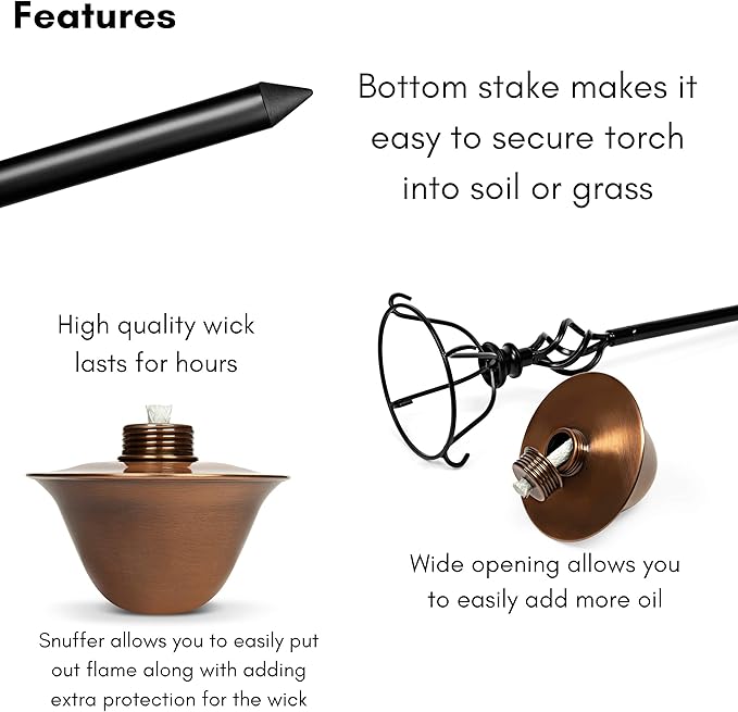 BIRDROCK HOME Outdoor Torches - Durable Construction, Modern Design, Weather Resistant, Citronella Oil Compatible, Ideal for Backyards, Patios, Pathways - Decorative Copper, 2 Pack