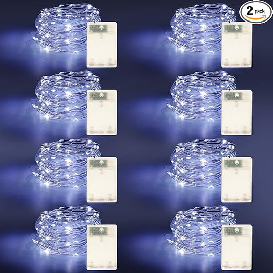 Fairy Lights Battery Operated String Lights 16.4ft 50LED Flashing and Constant Light Waterproof Silver Wire for Christmas DIY Party Wedding Decoration(White, 8 Pack)