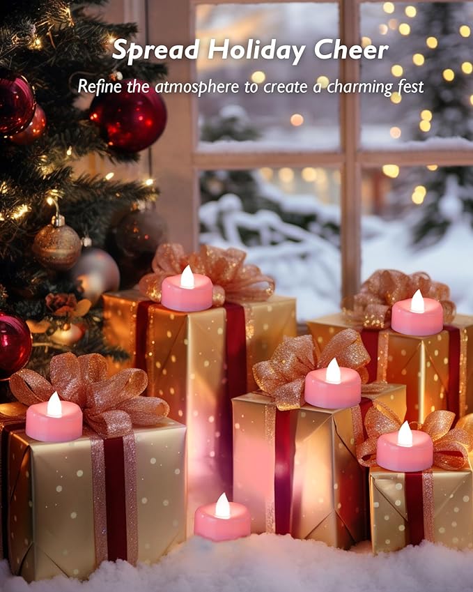 Flameless Candles, 12 Pack Tea Lights Candle Battery Operated, LED Tealight Votives, Realistic Tea Lights for Wedding Christmas Party Home Decor -D 1.5” x H 1.25” -Pink Light