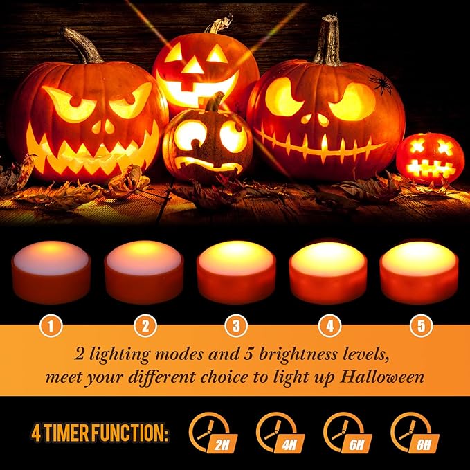 Riakrum 6 Pieces Remote Timer LED Lights with Remote LED Pumpkin Lights Battery Operated Lantern Bright Flameless Candle(Orange, White)