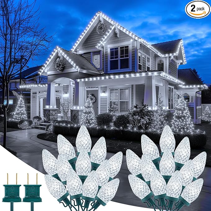 Brightown 2 Pack Total 132ft 200LED Outdoor C9 LED Christmas String Lights, Plug-in Connectable Waterproof Roofline String Lights for Outside Christmas Holiday Decor