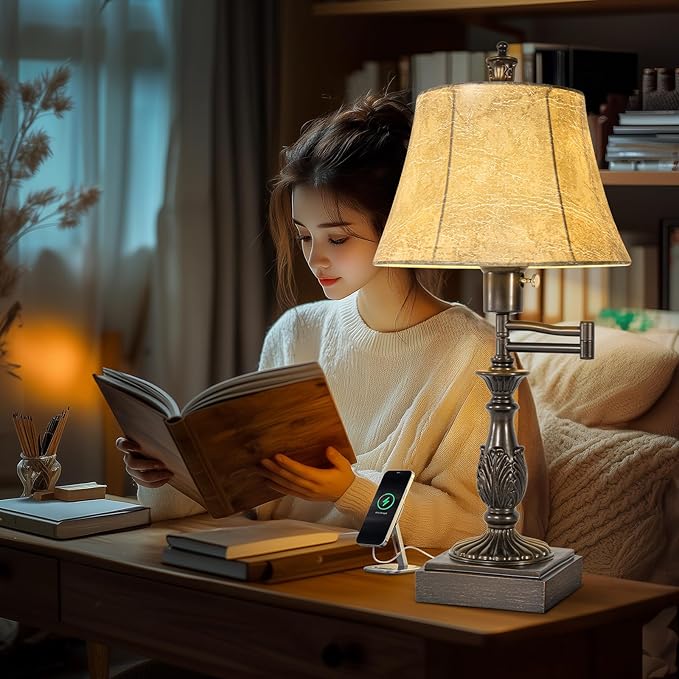 23.5" Rustic Traditional 350° Adjustable Swing Arm Table Lamp Set of 2 with USB A+C Ports Brown Finish Faux Leather Shade Vintage Nightstand lamp for Living Room Bedroom Office (Bulb Included)