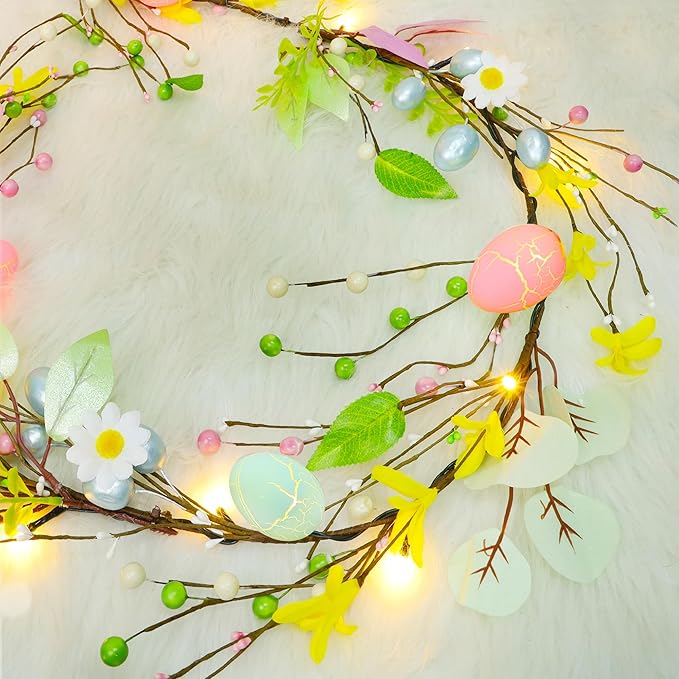 DR.DUDU 6 ft Easter Garland Decoration with Easter Eggs, Pre-Lit Artificial Hanging Floral Garland Spring Decor for Indoor Outdoor Home Kitchen Mantle Fireplace Holiday Party