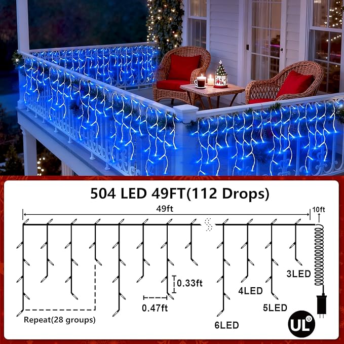 504 LED Fairy lights for Bedroom, 50ft Christmas Window Lights with 112 Drops 12 Modes, Dimmable Curtain Lights, String Lights Indoor Outdoor for Holiday Wedding Party Home Xmas Decorations, Blue